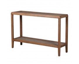 Koloniálny obdĺžnikový konzolový stolík Ratanor z masívneho bayur dreva a ratanu v hnedom odtieni s poličkou s ratanovým očkovým výpletom a hranatými nohami