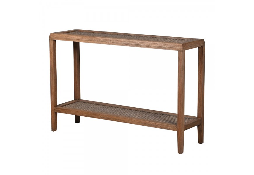 Koloniálny obdĺžnikový konzolový stolík Ratanor z masívneho bayur dreva a ratanu v hnedom odtieni s poličkou s ratanovým očkovým výpletom a hranatými nohami