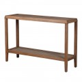 Koloniálny obdĺžnikový konzolový stolík Ratanor z masívneho bayur dreva a ratanu v hnedom odtieni s poličkou s ratanovým očkovým výpletom a hranatými nohami