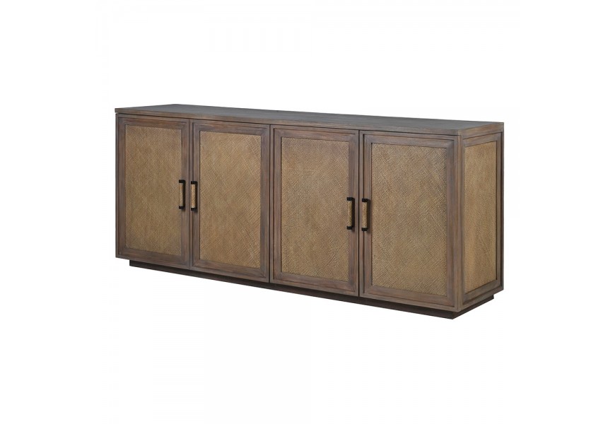 Luxusný koloniálny obdĺžnikový príborník Ratanor z masívneho mindi a bayur dreva v hnedej farbe so štyrmi dvierkami a ratanovým výpletom s kosoštvorcovým vzorom