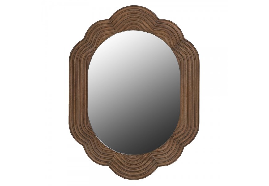 Koloniálne hnedé masívne nástenné zrkadlo Ratanor s oválnou plochou a rámom z dreva bayur s vlnkovaným vyrezávaním