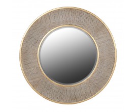 Luxusné art deco nástenné závesné zrkadlo Solaria v okrúhlom tvare s masívnym rámom s ratanovým očkovým vzorom a so zlatým kovovým lemom