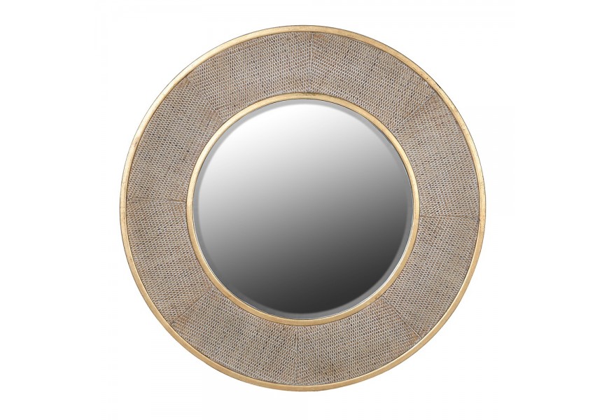 Luxusné art deco nástenné závesné zrkadlo Solaria v okrúhlom tvare s masívnym rámom s ratanovým očkovým vzorom a so zlatým kovovým lemom