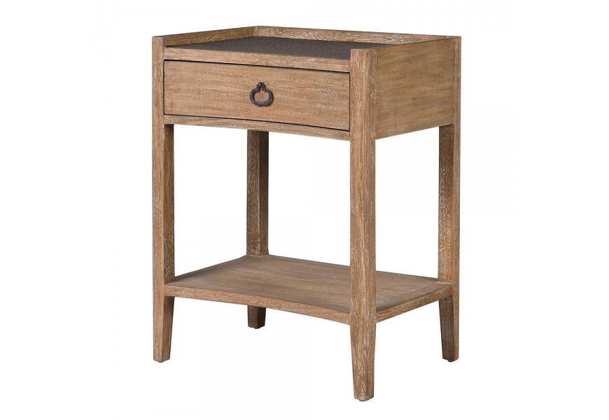 Dizajnový vidiecky príručný stolík Vento z masívneho dreva hnedej farby s ratanovým výpletom a zásuvkou s kovovou úchytkou a odkladacou policou