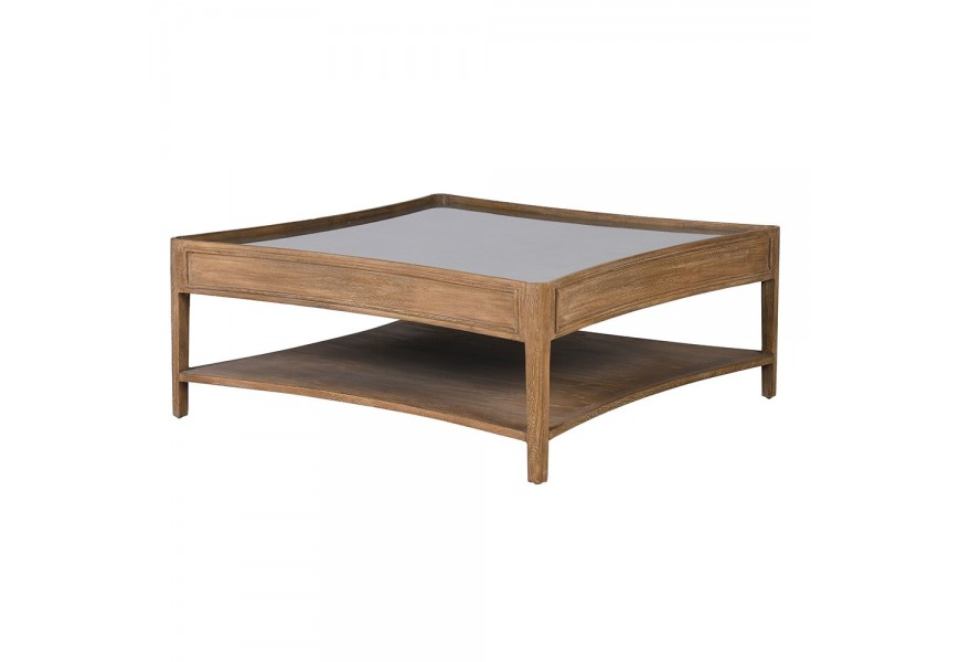 Dizajnový vidiecky štvorcový konferenčný stolík Vento z masívneho hnedého dreva bayur s ozdobným vyrezávaním na bokoch s odkladacou policou a s ratanovým výpletom so sklenenou temperovanou  doskou