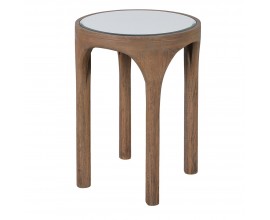 Dizajnový art deco príručný stolík Loras s kruhovou so sklenenou doskou a masívnou hnedou konštrukciou s geometrickými nohami