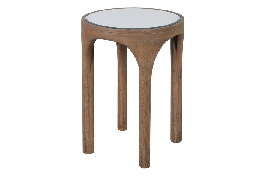 Dizajnový art deco príručný stolík Loras s kruhovou so sklenenou doskou a masívnou hnedou konštrukciou s geometrickými nohami