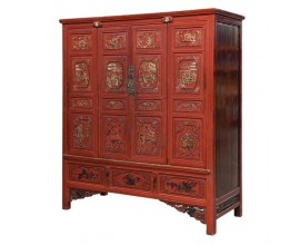 Luxusný etno dvojdverový červený príborník Dynasty so zlatými motívmi a vyrezávanými detailmi 185 cm