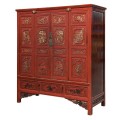 Luxusný etno starožitný príborník Dynasty v obdĺžnikovom tvare s dvomi dvierkami a jednou policou s dvomi zásuvkami z masívneho dreva s čínskymi motívmi a vyrezávanými nožičkami