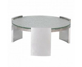 Luxusný glamour okrúhly chrómový konferenčný stolík Auron so sklenenou doskou s bublinkovým efektom 93 cm