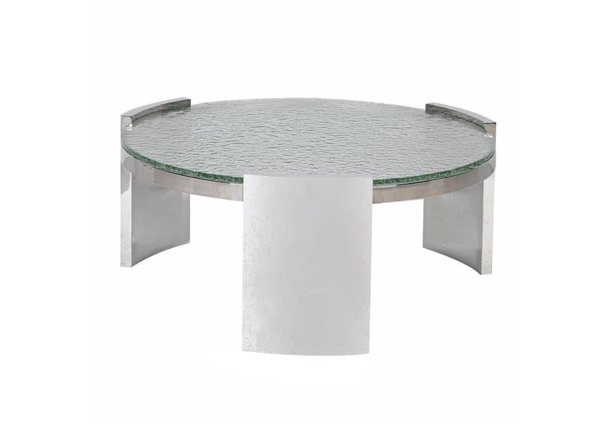 Luxusný moderný glamour konferenčný stolík Auron s okrúhlou vrchnou doskou z tvrdeného skla s bublinkovým efektom a robustnou chrómovou konštrukciou so stabilizačnou kovovou doskou s tromi nohami