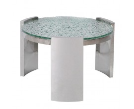 Luxusný glamour chrómový okrúhly príručný stolík Auron s doskou zo skla s bublinkovým efektom a tromi nožičkami 73 cm