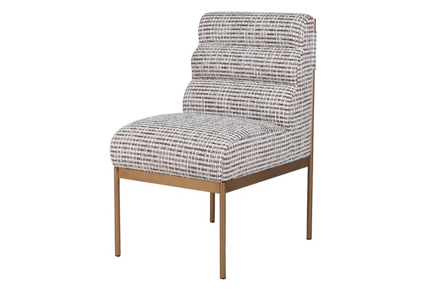 Luxusná glamour jedálenská stolička Celestia s hnedo-bielym poťahom s prešívanou opierkou a zlatou kovovou konštrukciou 88 cm