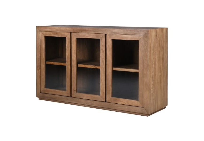 Luxusný masívny príborník Heritage z recyklovaného brestového dreva v hnedej farbe s tromi presklenými dvierkami a jednou policou s výraznou štruktúrou letokruhov