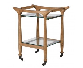 Dizajnový servírovací vozík Arbor z masívneho dubového hnedého dreva s dvomi sklenenými policami na kolieskach 70 cm