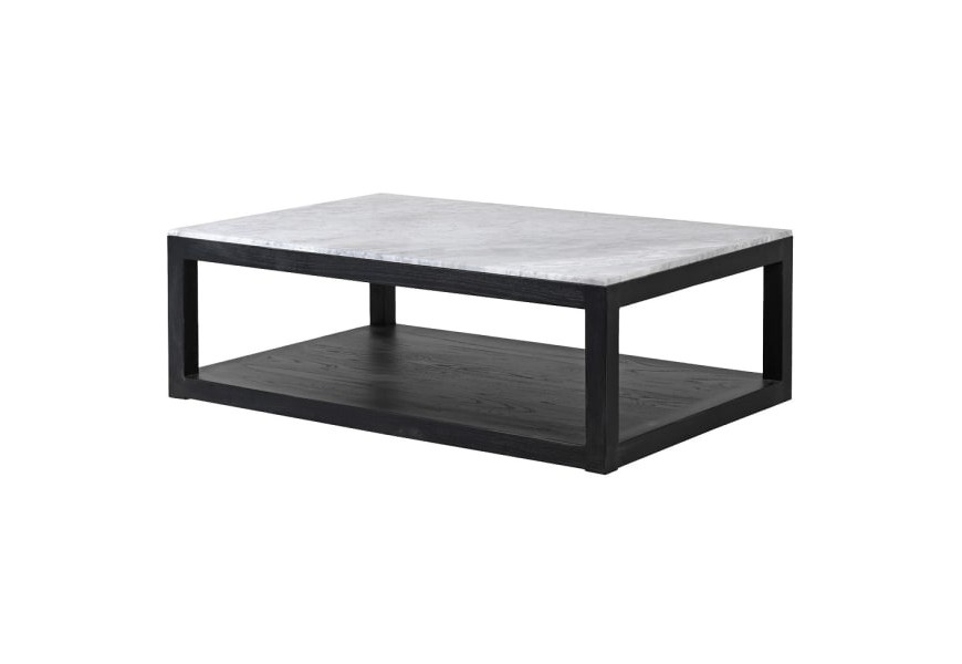 Luxusný industriálny obdĺžnikový konferenčný stolík Mel z čierneho dubového dreva s bielou mramorovou doskou a poličkou 120 cm