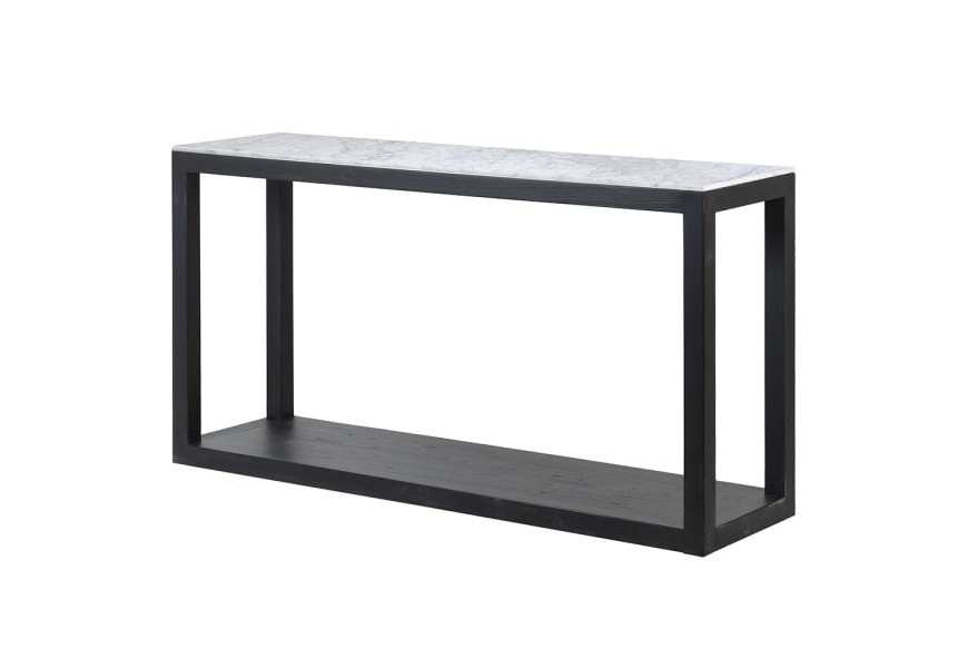 Luxusný industriálny obdĺžnikový konzolový stolík Mel z čierneho dubového dreva s bielou mramorovou doskou a poličkou 150 cm