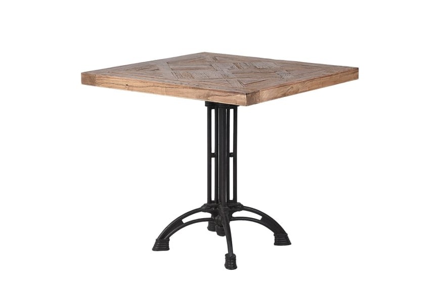 Industriálny štvorcový hnedý jedálenský stôl Sanfia z recyklovaného dubového dreva s čiernou kovovou podstavou 80 cm