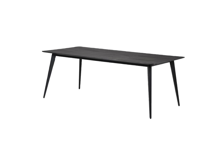 Industriálny obdĺžnikový jedálenský stôl Junis v luxusnom čiernom prevedení s dubovou vrchnou doskou a zaoblenými kovovými nožičkami vychýlenými smerom von