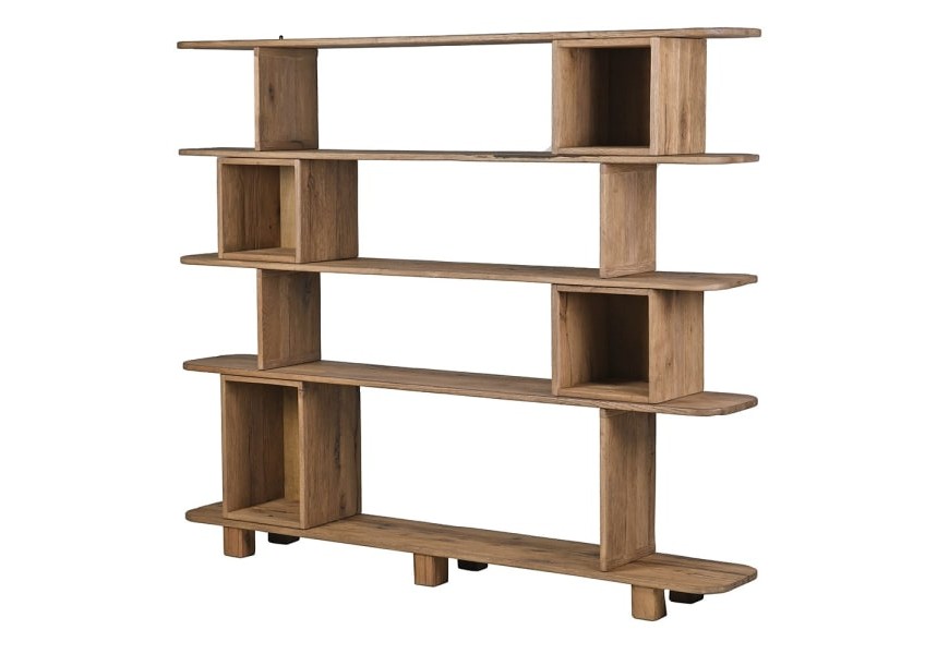 Luxusná hnedá vidiecka obdĺžniková knižnica Roble z masívneho dubového dreva s piatimi poličkami a štyrmi priehradkami 200 cm