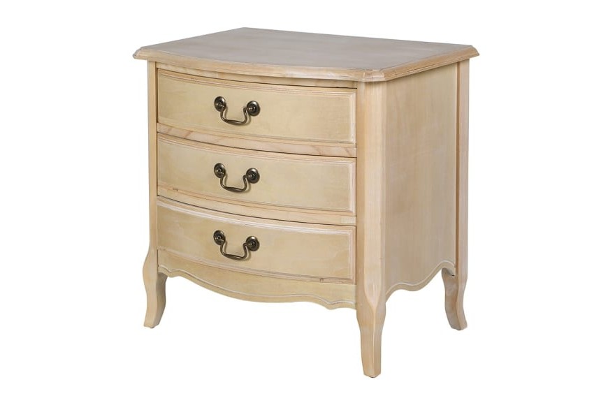 Vintage klasický obdĺžnikový nočný stolík Amaretto z masívneho brezového dreva s bielou patinou s tromi zásuvkami a kabriolovými nožičkami