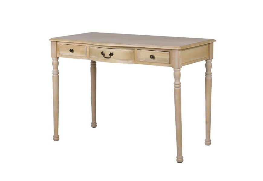 Vintage klasický obdĺžnikový písací stôl Amaretto z masívneho brezového dreva s bielou patinou s tromi zásuvkami a vyrezávanými nožičkami