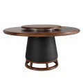 Luxusný moderný hnedý okrúhly jedálenský stôl Vita Naturale s odnímateľným podnosom a nohou s čiernym koženým poťahom 150 cm