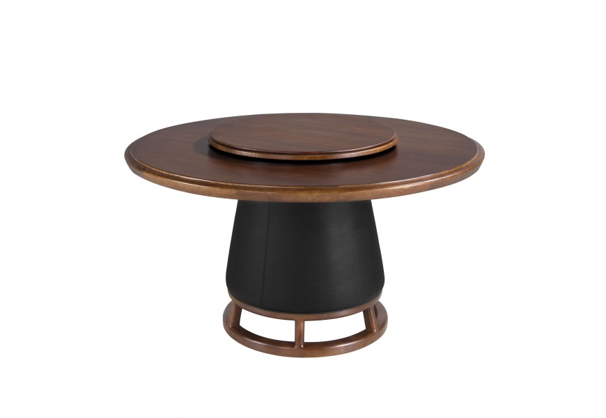 Luxusný dizajnový jedálenský stôl Vita Naturale z masívneho dreva v orechovej hnedej farbe s okrúhlou doskou s odnímateľným stredovým podnosom s jednou nohou potiahnutou ekokožou v čiernej farbe