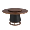 Luxusný dizajnový jedálenský stôl Vita Naturale z masívneho dreva v orechovej hnedej farbe s okrúhlou doskou s odnímateľným stredovým podnosom s jednou nohou potiahnutou ekokožou v čiernej farbe