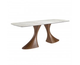 Luxusný moderný porcelánový jedálenský stôl Vita Naturale s mramorovým vzorom s dvomi dizajnovými nohami z hnedého dreva 200 cm