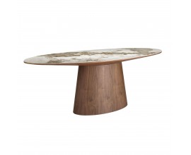 Luxusný moderný osemmiestny mramorový jedálenský stôl Vita Naturale z porcelánu so sivým a hnedým žilkovaním s oválnou nohou z orechovej dyhy v tmavohnedej farbe s lesklým povrchom