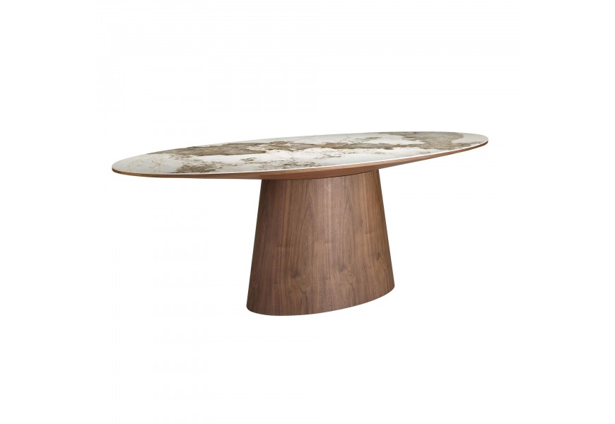 Luxusný moderný osemmiestny mramorový jedálenský stôl Vita Naturale z porcelánu so sivým a hnedým žilkovaním s oválnou nohou z orechovej dyhy v tmavohnedej farbe s lesklým povrchom