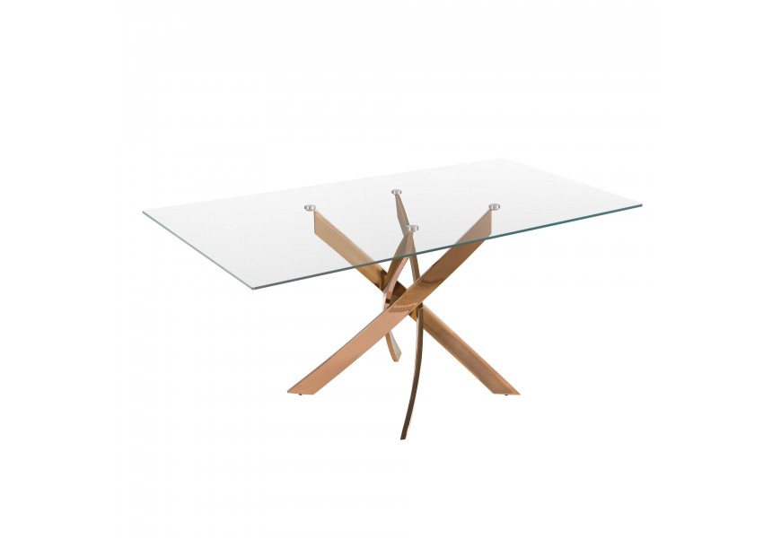 Luxusný moderný priehľadný obdĺžnikový jedálenský stôl Forma Moderna z tvrdeného skla s dizajnovou prekríženou nohou z nehrdzavejúcej ocele v zlatoružovom odtieni