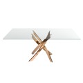 Luxusný glamour obdĺžnikový jedálenský stôl Forma Moderna z tvrdeného skla s oceľovou atypickou nohou v zlatej farbe 160 cm
