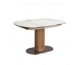 Luxusný oválny rozkladací mramorový jedálenský stôl Vita Naturale s bielou porcelánovou doskou a masívnou hnedou nohou 200 cm