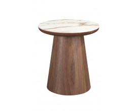 Luxusný moderný okrúhly príručný stolík Vita Naturale s porcelánovou doskou a kužeľovou nohou v hnedej farbe 50 cm