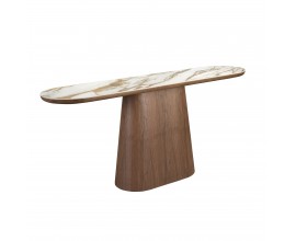 Luxusný mramorový konzolový stolík Vita Naturale s oválnou porcelánovou vrchnou doskou v bielej farbe s výrazným hnedým žilkovaním s jednou oválnou nohou z orechového dyhovaného dreva v naturálnej hnedej farbe s kresbou letokruhov