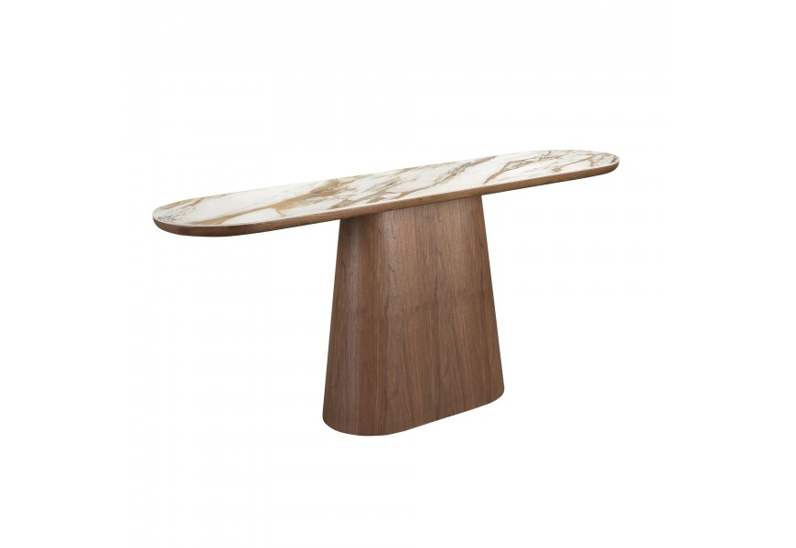 Luxusný mramorový konzolový stolík Vita Naturale s oválnou porcelánovou vrchnou doskou v bielej farbe s výrazným hnedým žilkovaním s jednou oválnou nohou z orechového dyhovaného dreva v naturálnej hnedej farbe s kresbou letokruhov