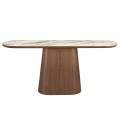 Luxusný moderný oválny konzolový stolík Vita Naturale doskou s bielym mramorovým dizajnom a orechovou hnedou podstavou 180 cm