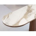 Luxusný moderný oválny konzolový stolík Vita Naturale doskou s bielym mramorovým dizajnom a orechovou hnedou podstavou 180 cm