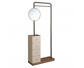 Luxusný moderný vešiak Vita Naturale so zrkadlom a zásuvkami s béžovým koženým poťahom orechovým hnedým drevom 190 cm