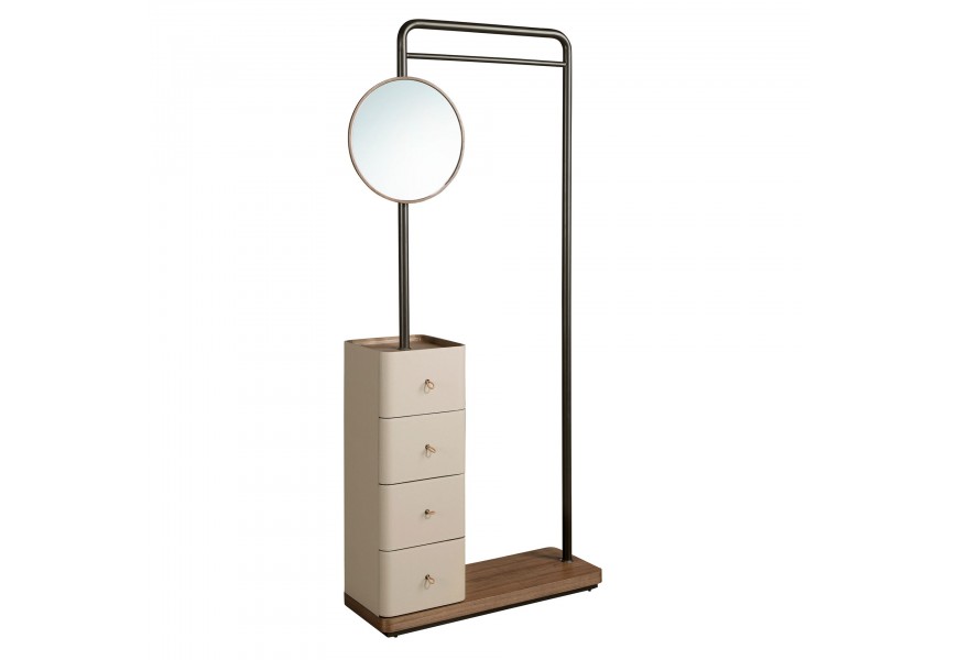 Luxusný dizajnový vešiak Vita Naturale so sivou konštrukciou z nehrdzavejúcej ocele s okrúhlym zrkadlom s úložným priestorom so štyrmi zásuvkami z hnedej orechovej dyhy s poťahom z pravej kože v béžovej farbe