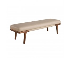 Luxusná kožená lavica Vita Naturale s obdĺžnikovým sedadlom v norkovej béžovej farbe s poťahom z ekokože a zaoblenou podstavou z masívneho dreva v orechovej hnedej farbe so štyrmi nohami