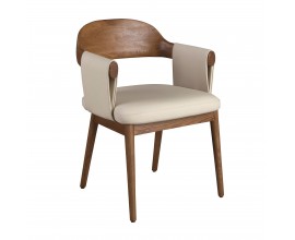 Luxusné moderné jedálenské kreslo Vita Naturale s koštrukciou z masívneho dreva v orechovej hnedej farbe s poťahom z ekokože v krémovej béžovej farbe s dizajnovými opierkami na ruky a zaoblenou chrbtovou opierkou