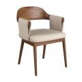 Luxusné moderné jedálenské kreslo Vita Naturale s koštrukciou z masívneho dreva v orechovej hnedej farbe s poťahom z ekokože v krémovej béžovej farbe s dizajnovými opierkami na ruky a zaoblenou chrbtovou opierkou