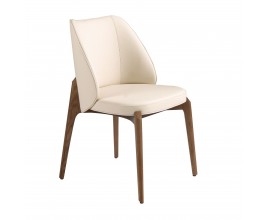 Luxusná kožená čalúnená jedálenská stolička Vita Naturale s rámom z masívneho dreva v orechovej hnedej farbe s priznanou kresbou letokruhov s chrbtovou opierkou s predĺženými bočnými stranami s poťahom z ekokože v svetlom krémovo béžovom odtieni