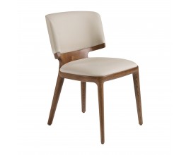 Luxusná moderná krémová jedálenská stolička Vita Naturale so zaoblenou chrbtovou opierkou a sedadlom s čalúnením a poťahom z ekokože s dizajovým rámom z masívneho dreva v orechovej hnedej farbe