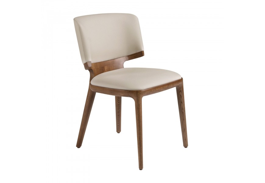 Luxusná moderná krémová jedálenská stolička Vita Naturale so zaoblenou chrbtovou opierkou a sedadlom s čalúnením a poťahom z ekokože s dizajovým rámom z masívneho dreva v orechovej hnedej farbe