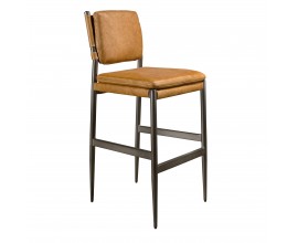 Luxusná moderná barová stolička Rotho s hnedým poťahom z pravej kože a čiernou lesklou kovovou konštrukciou 112 cm