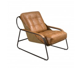 Luxusné moderné kožené kreslo Rotho v teplom hnedom odtieni s poťahom s prešívaním so štvorcovým vzorom so štíhlym rámom z nehrdzavejúcej ocele v tmavom prevedení s koženým poťahom na opierkach na ruky